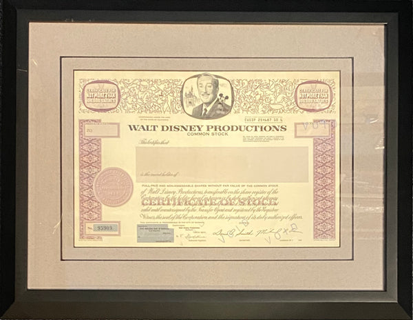 Framed Walt Disney Productions Common Stock Certificate - 1988