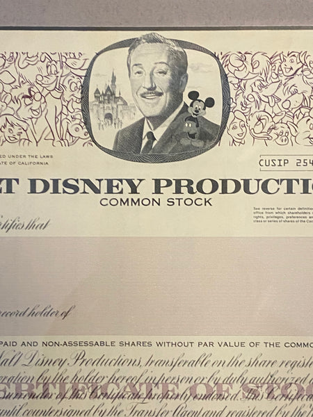 Framed Walt Disney Productions Common Stock Certificate - 1988