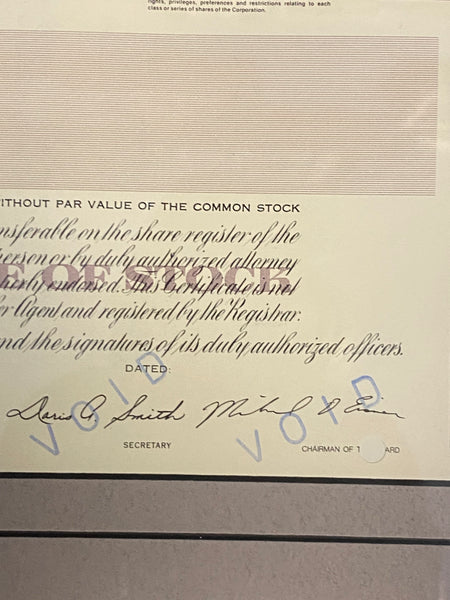 Framed Walt Disney Productions Common Stock Certificate - 1988
