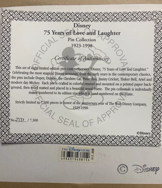 Disney 75 Years of Love and Laughter Pin set of 8 framed Ltd Ed Dumbo Mickey