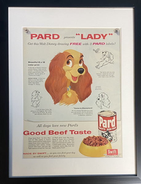 Vintage 1955 Pard Dog Food Lady and The Tramp Disney Framed Magazine Ad 16x12