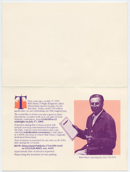 Disneyland 30th Year Birthday Party Cast Member Invitation and Program, 1985