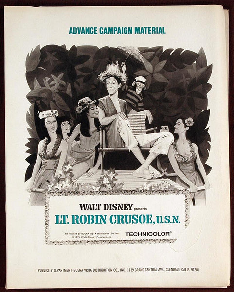Disney LT ROBIN CRUSOE U.S.N. Publicity Packet—16 Photos Handbook Dick Van Dyke, Nancy Kwan, 1974