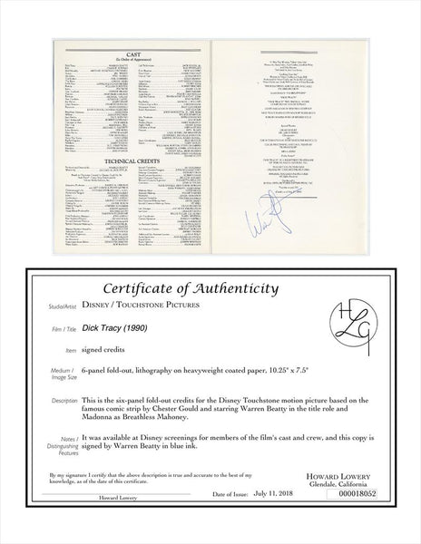 Disney Dick Tracy Cast & Crew Premiere Credits Signed by Warren Beatty 1990